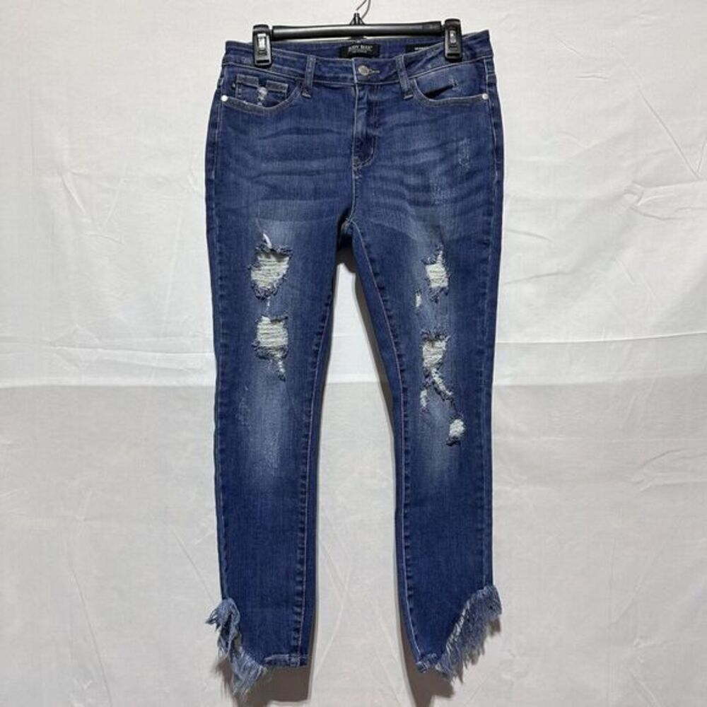 Judy Blue‎ Jeans Women's 9/29 Skinny Fit Frayed Ankle  Distressed Medium Wash